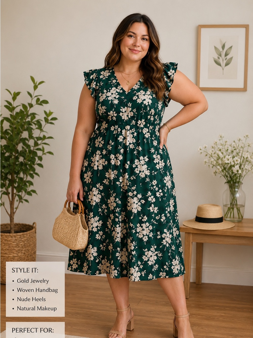 Wedding Guest Plus Size Green Floral Midi Dress 3XL with Flutter Sleeve